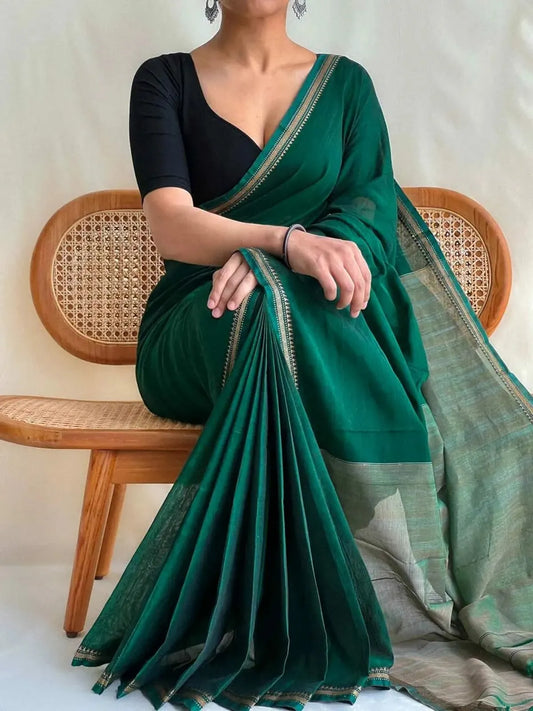 Green Akira Narayanpeth Cotton Saree | With Unstitched Blouse Piece For Women