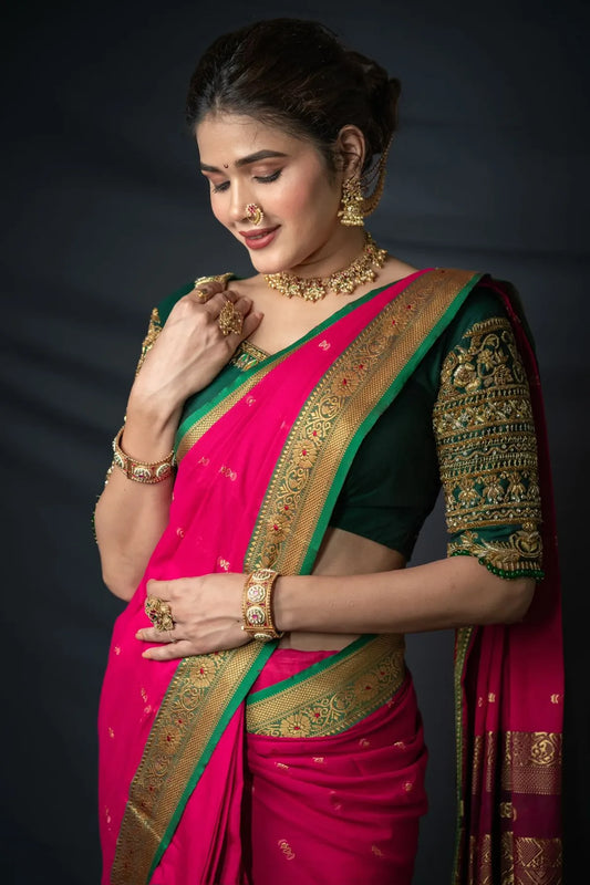 Pink Radhika Narayanpeth Cotton Saree | With Unstitched Blouse Piece For Women