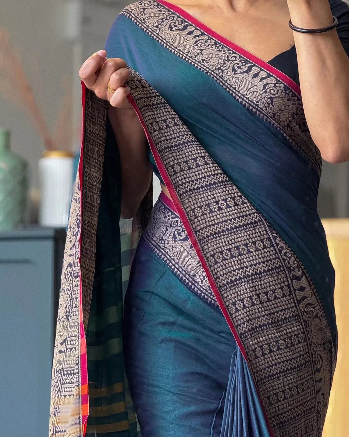 Teal Khushi Narayanpeth Cotton Saree | With Unstitched Blouse Piece For Women