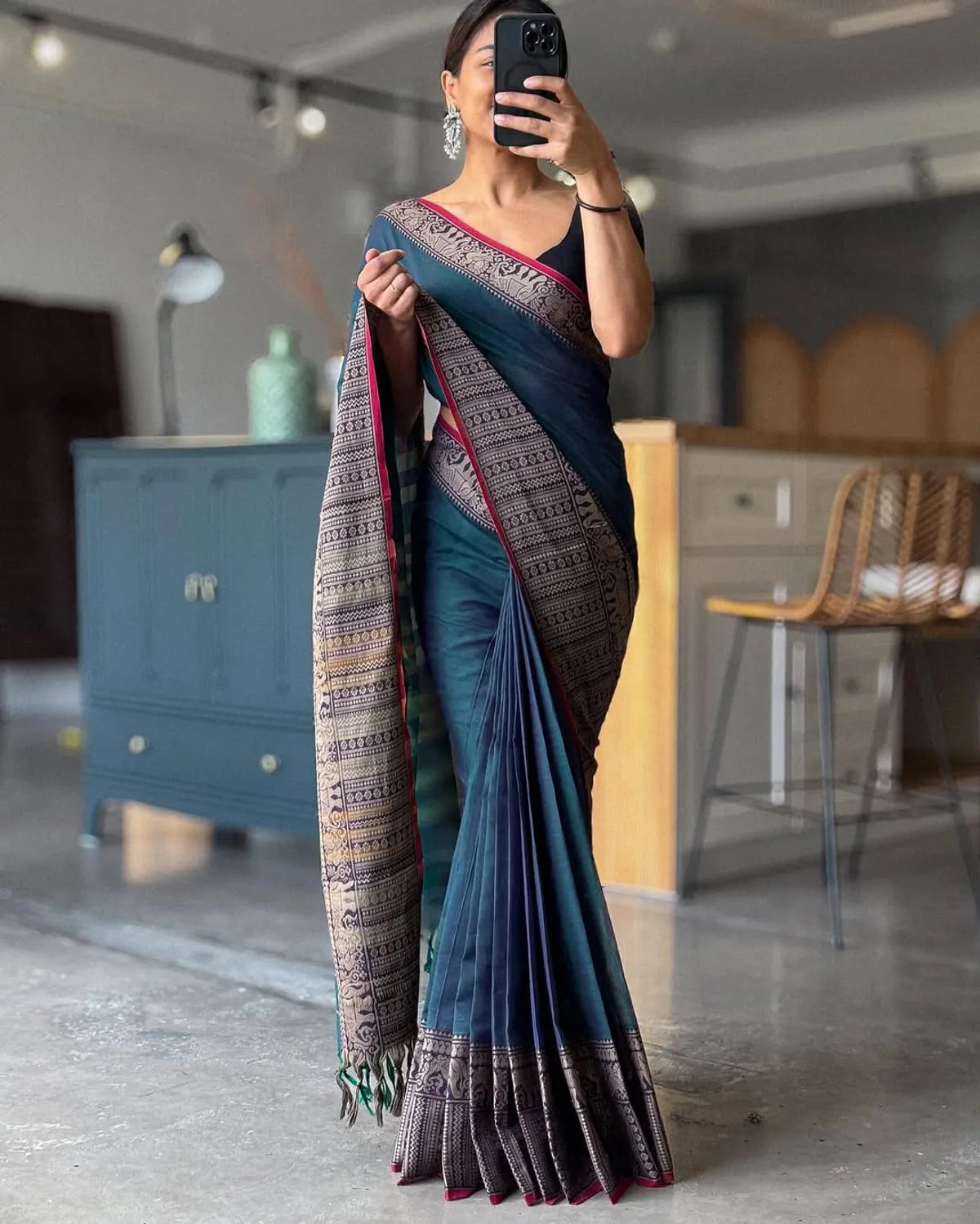 Teal Khushi Narayanpeth Cotton Saree | With Unstitched Blouse Piece For Women