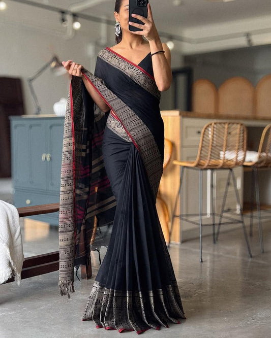 Black Khushi Narayanpeth Cotton Saree | With Unstitched Blouse Piece For Women
