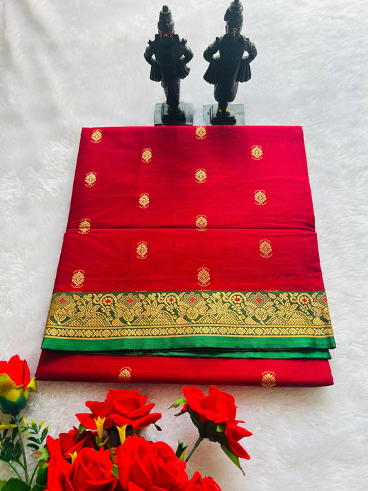 Red Ahalya Narayanpeth Cotton Saree | With Unstitched Blouse Piece For Women
