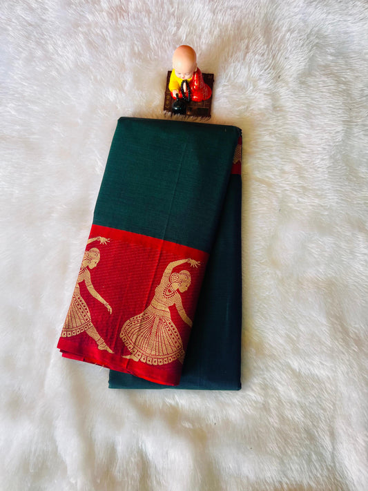 Bottle Green Kalastree Narayanpeth Cotton Saree | With Unstitched Blouse Piece For Women