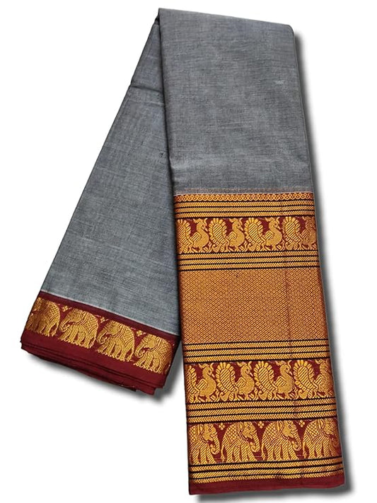 Grey  Narayanpeth Cotton Saree | With Unstitched Blouse Piece For Women