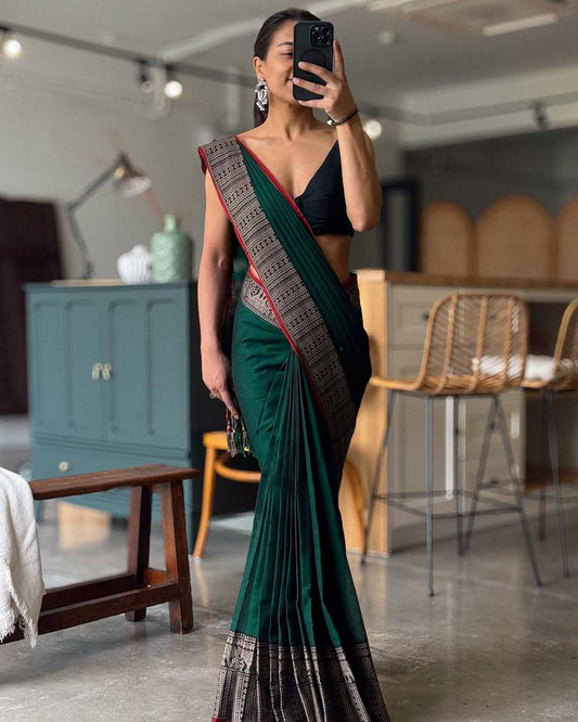 Green Khushi Narayanpeth Cotton Saree | With Unstitched Blouse Piece For Women