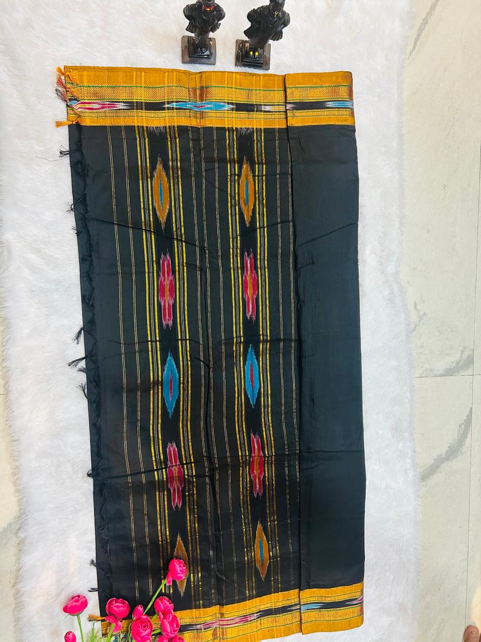Black Patola Acrylic Cotton Saree | With Unstitched Blouse Piece For Women