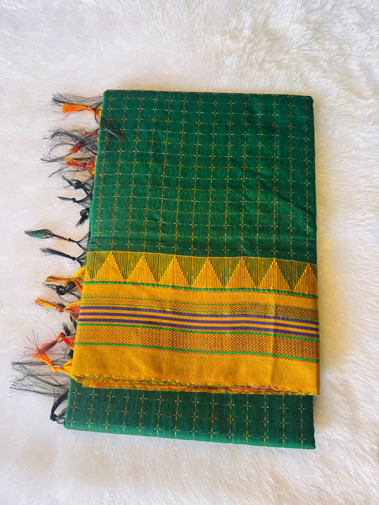 Parrot Green Temple Star Plus Acrylic Cotton Saree | With Unstitched Blouse Piece For Women