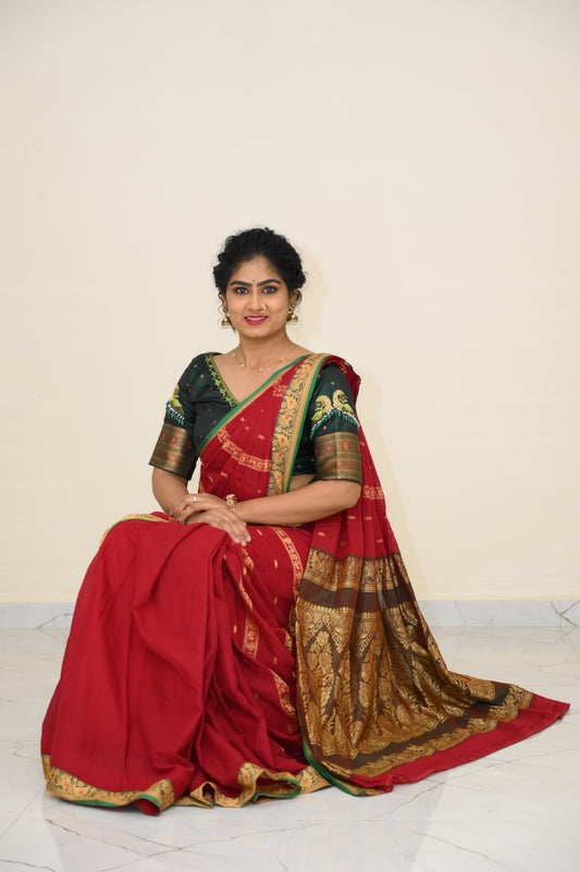 Maroon Kalanjali Narayanpeth Cotton Saree | With Unstitched Blouse Piece For Women