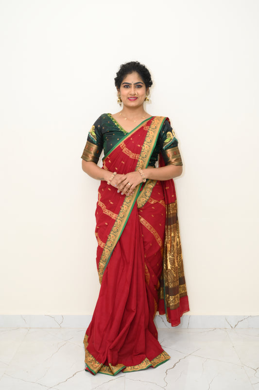 Maroon Ahalya Narayanpeth Cotton Saree | With Unstitched Blouse Piece For Women