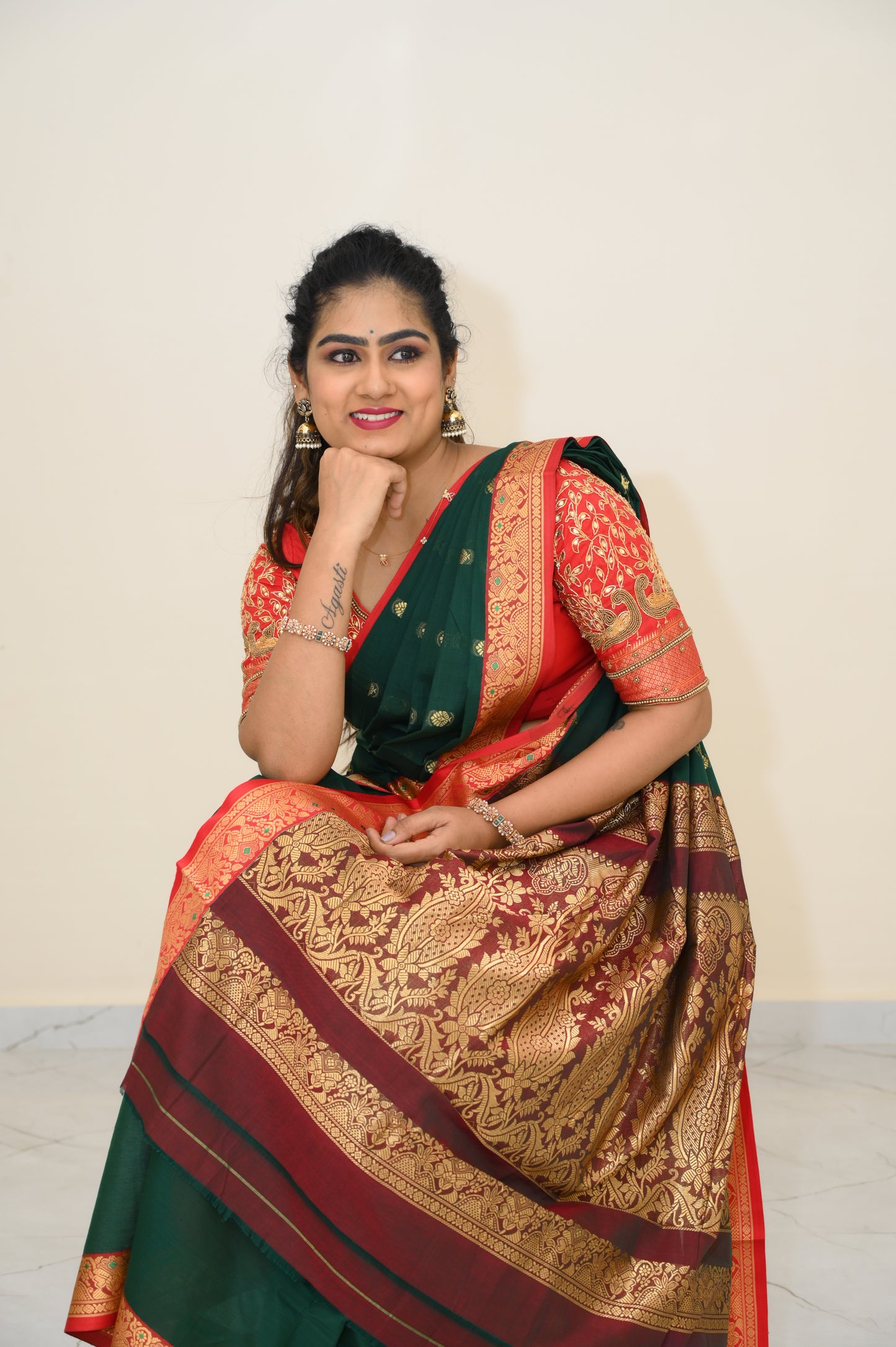 Green Ahalya Narayanpeth Cotton Saree | With Unstitched Blouse Piece For Women
