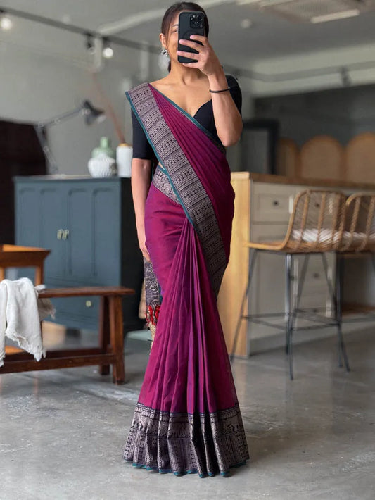 Magenta Khushi Narayanpeth Cotton Saree | With Unstitched Blouse Piece For Women