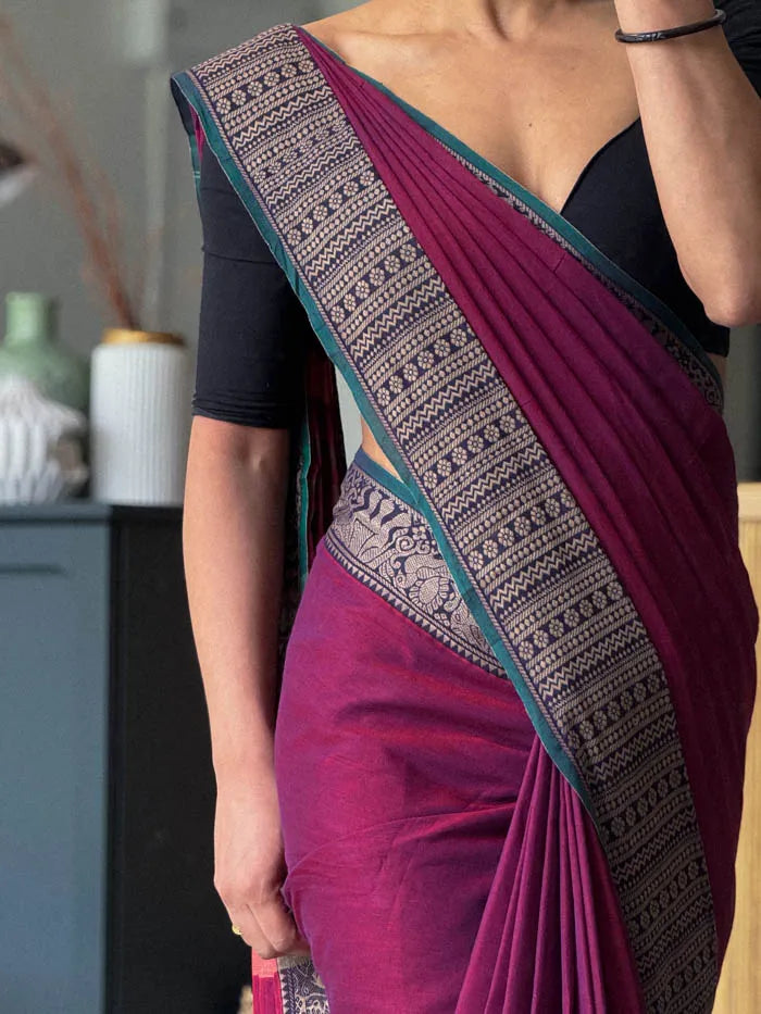 Magenta Khushi Narayanpeth Cotton Saree | With Unstitched Blouse Piece For Women
