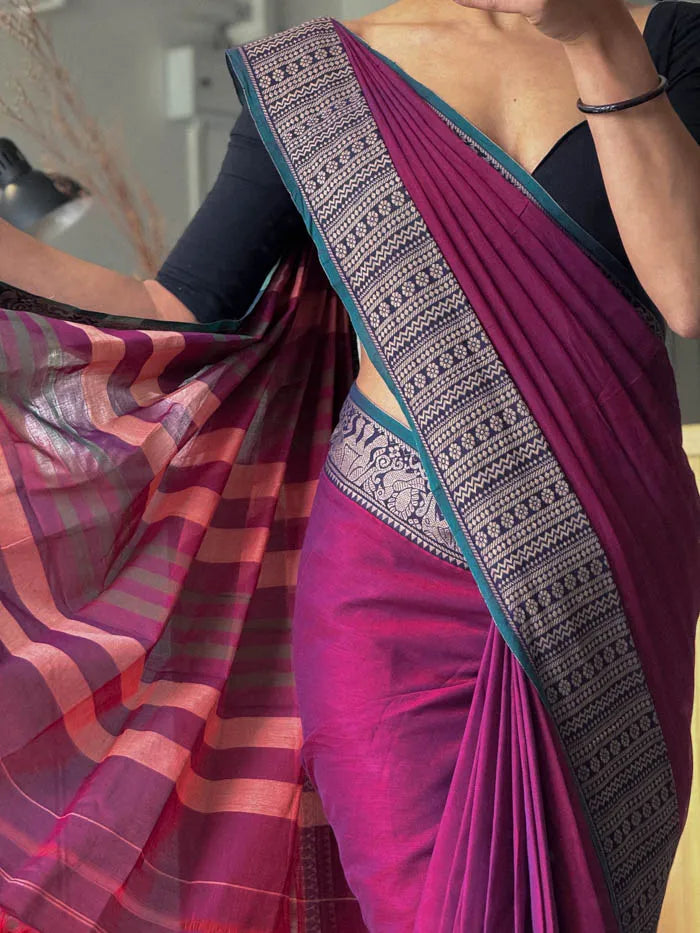 Magenta Khushi Narayanpeth Cotton Saree | With Unstitched Blouse Piece For Women