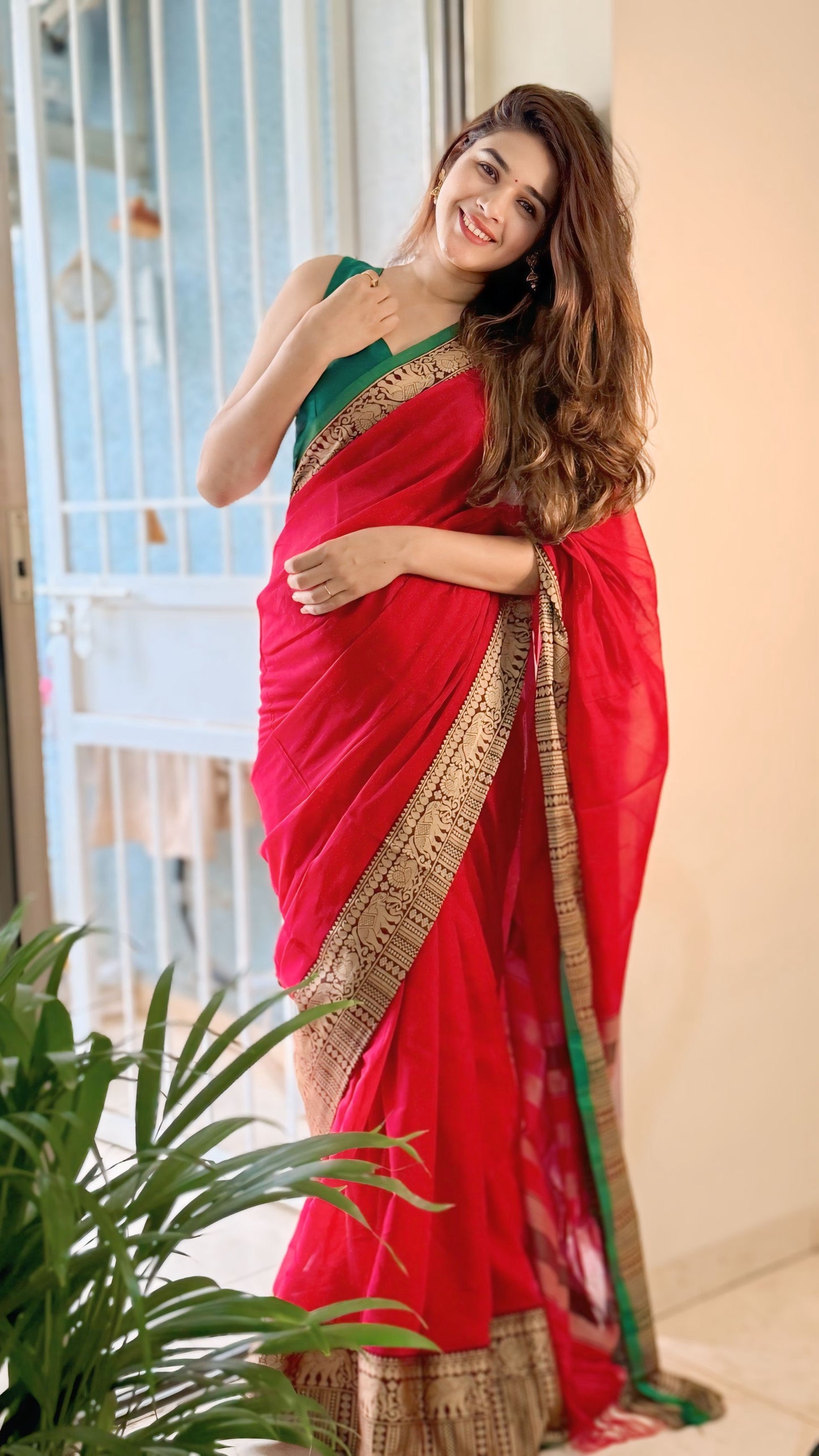 Red Khushi Narayanpeth Cotton Saree | With Unstitched Blouse Piece For Women