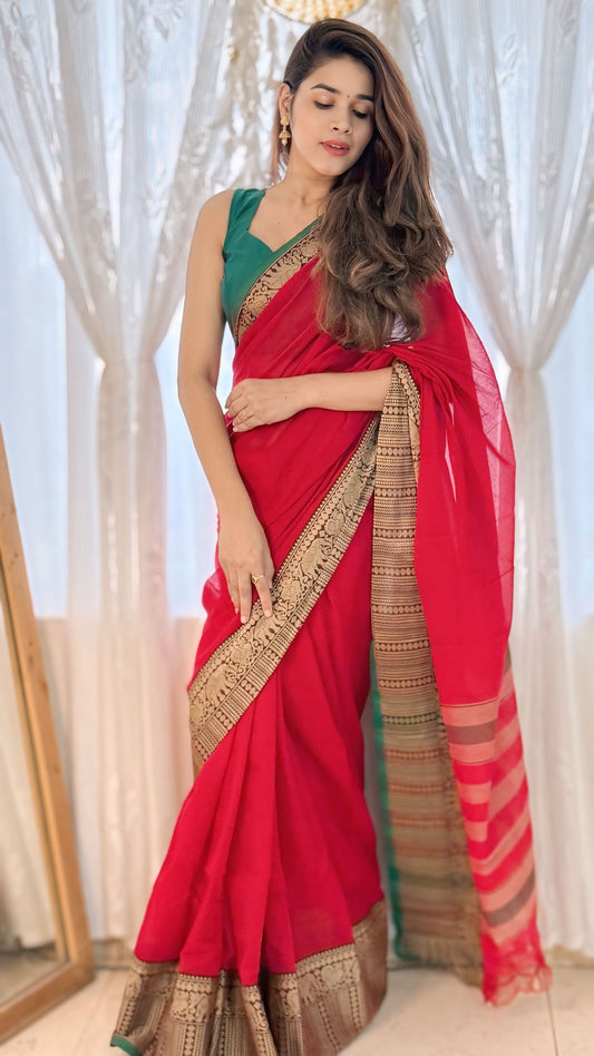 Red Khushi Narayanpeth Cotton Saree | With Unstitched Blouse Piece For Women