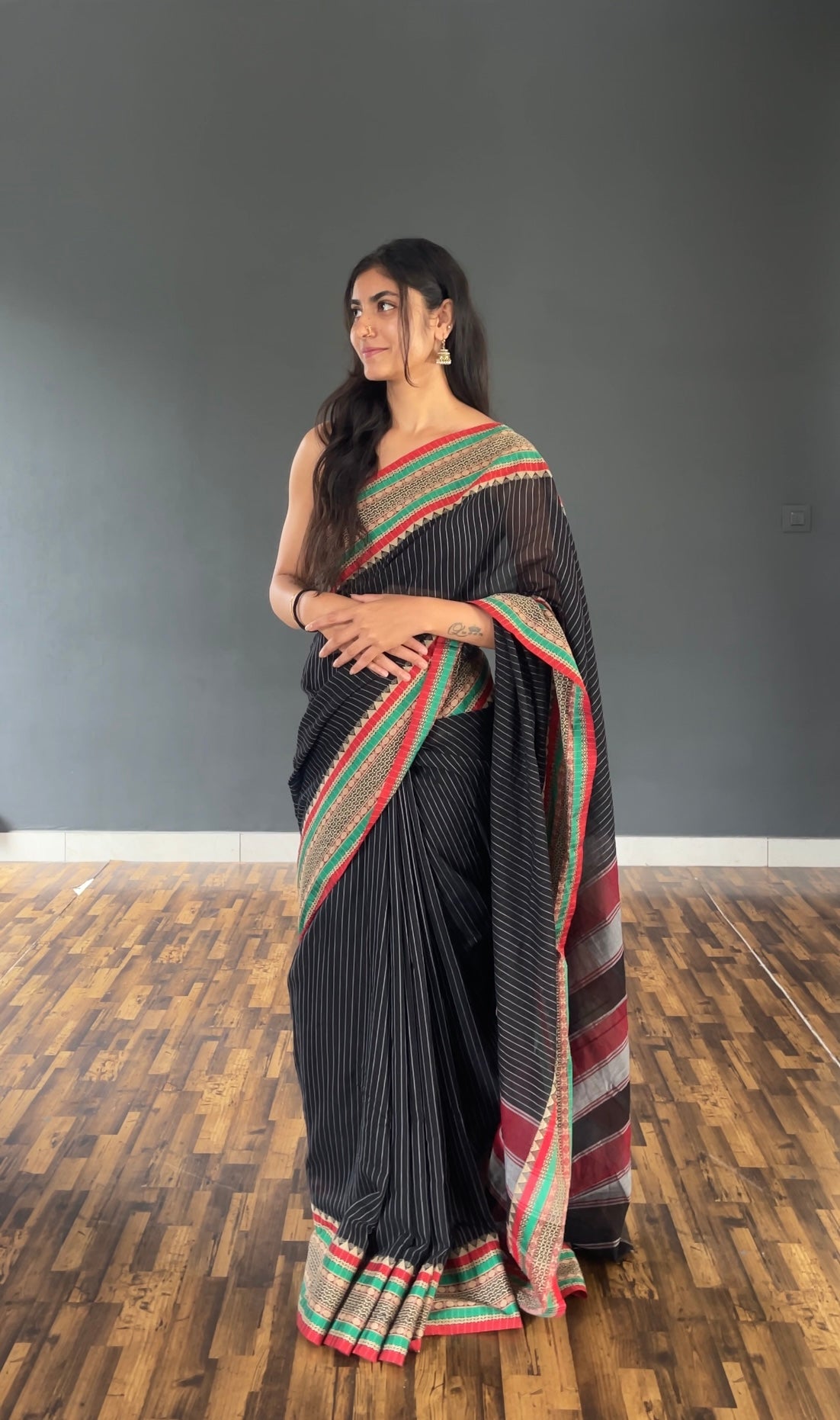 Black Sanskriti Narayanpeth Cotton Saree | With Unstitched Blouse Piece For Women