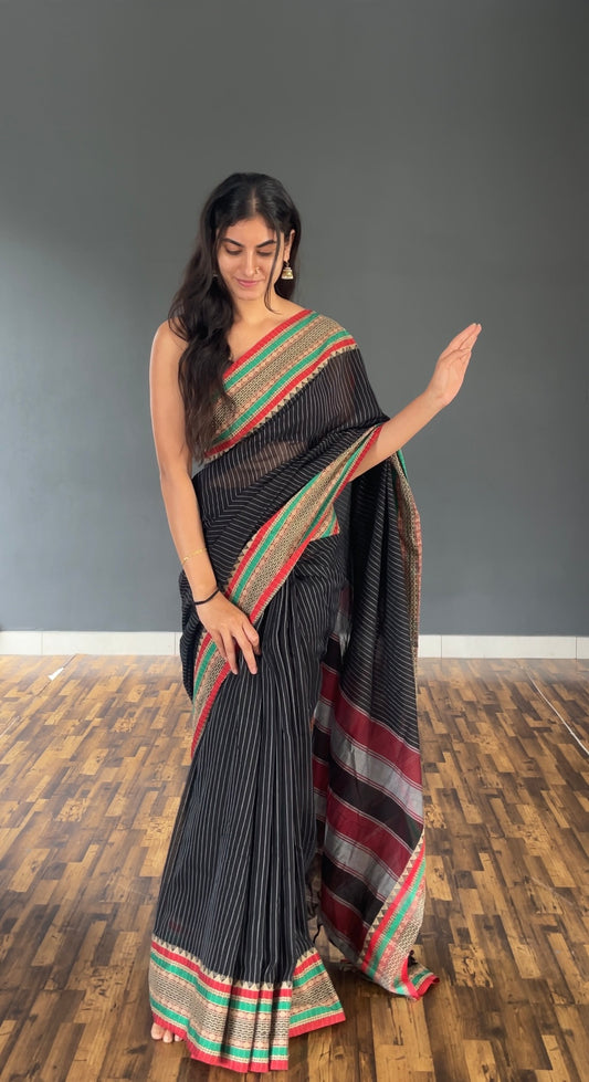 Black Sanskriti Narayanpeth Cotton Saree | With Unstitched Blouse Piece For Women
