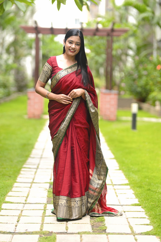 Maroon Khushi Narayanpeth Cotton Saree | With Unstitched Blouse Piece For Women