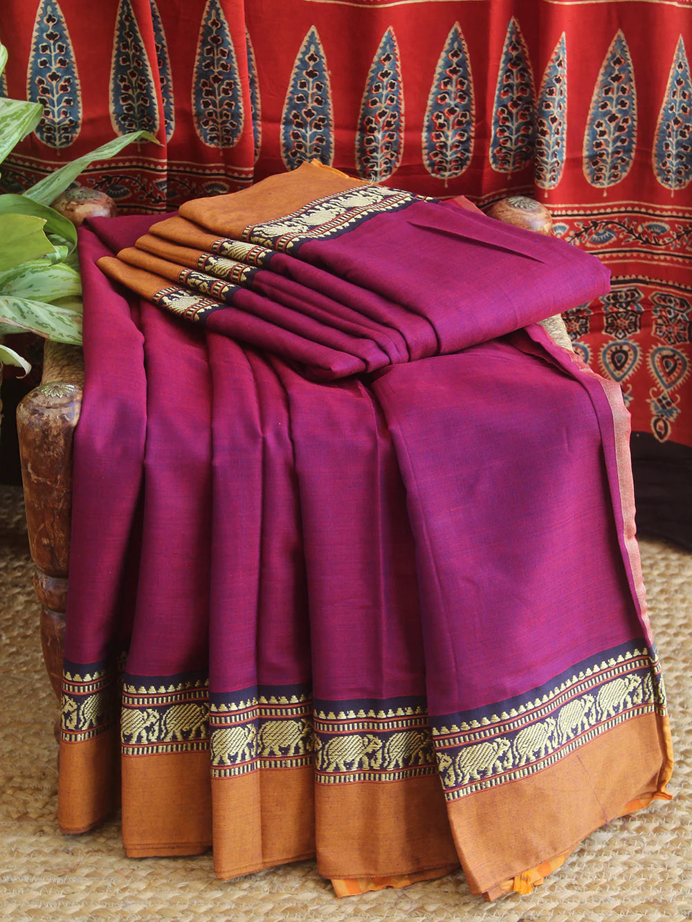 Magenta Nidhi Narayanpeth Cotton Saree | With Unstitched Blouse Piece For Women