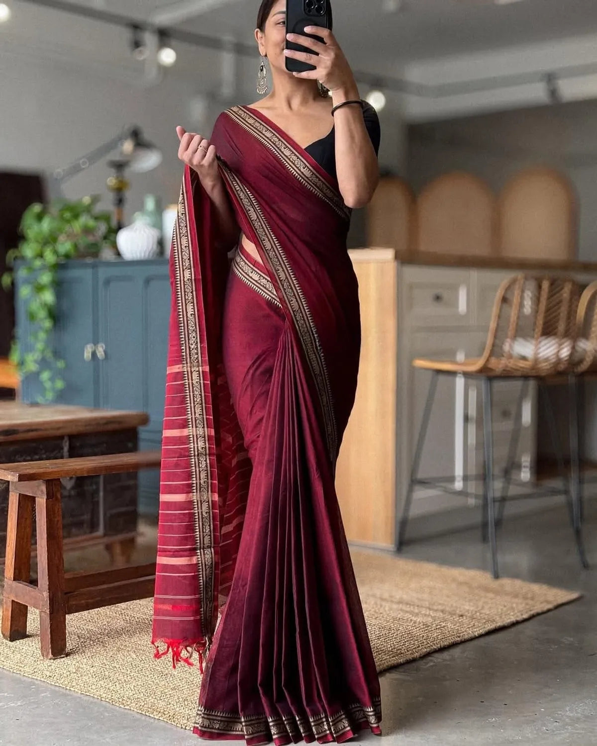 Maroon Adhira Narayanpeth Cotton Saree | With Unstitched Blouse Piece For Women