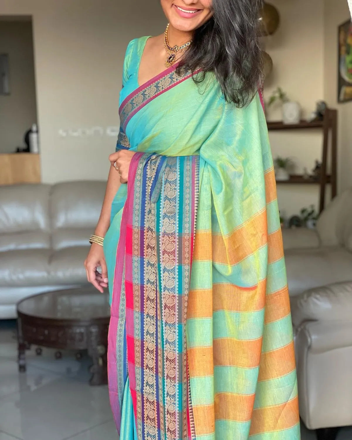 Dual Shaded Aradhya Narayanpeth Cotton Saree | With Unstitched Blouse Piece For Women