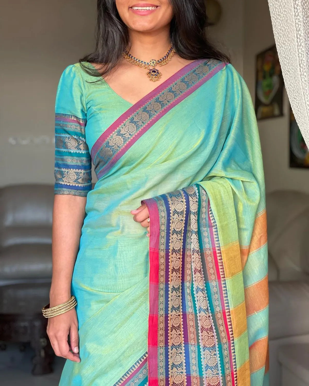 Dual Shaded Aradhya Narayanpeth Cotton Saree | With Unstitched Blouse Piece For Women
