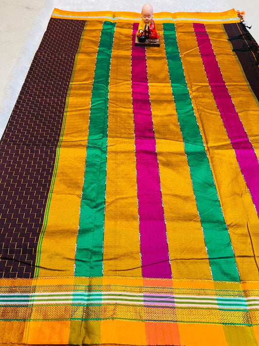 Chacolate Zigzag Narayanpeth Cotton Saree | With Unstitched Blouse Piece For Women