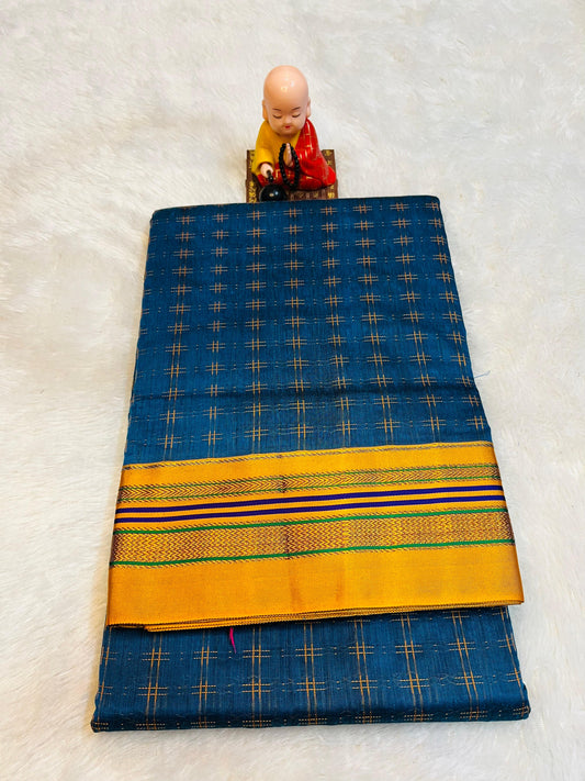 Navy Blue Double  Hash Narayanpeth Cotton Saree | With Unstitched Blouse Piece For Women