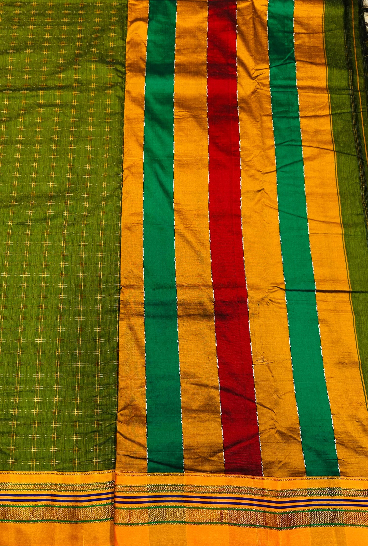 Moss green Double  Hash Narayanpeth Cotton Saree | With Unstitched Blouse Piece For Women