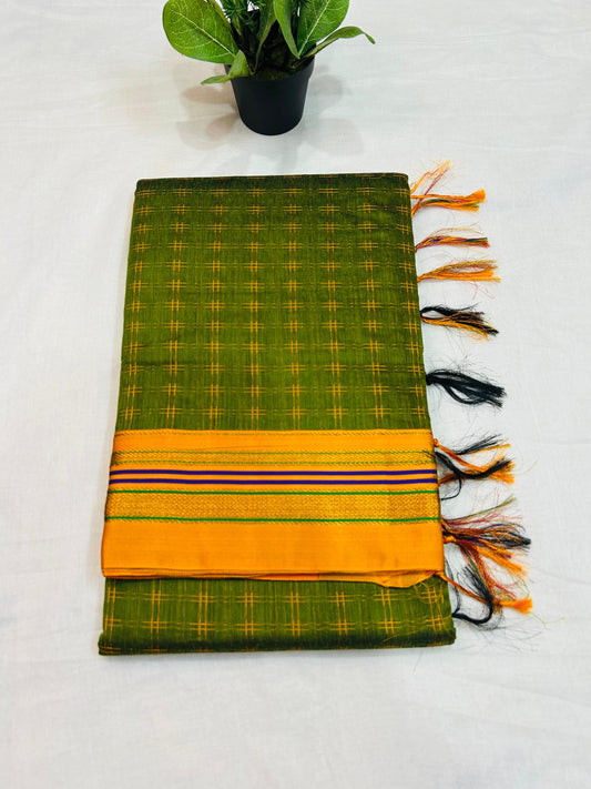 Moss green Double  Hash Narayanpeth Cotton Saree | With Unstitched Blouse Piece For Women