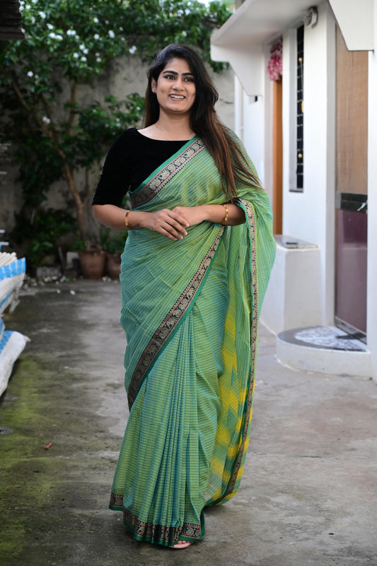 Dual Shade green Veda Narayanpeth  Cotton Saree | With Unstitched Blouse Piece For Women