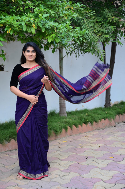 Dark Purple Viha Narayanpeth Cotton Saree | With Unstitched Blouse Piece For Women
