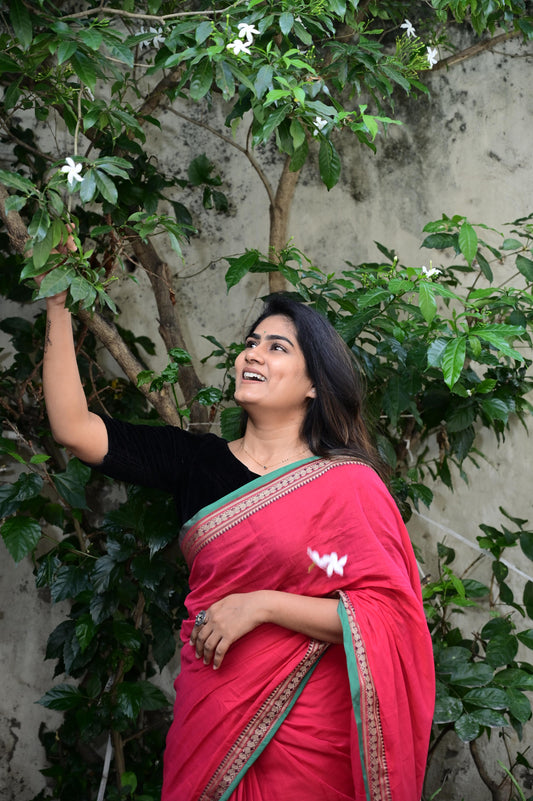 Red Viha Narayanpeth Cotton Saree | With Unstitched Blouse Piece For Women
