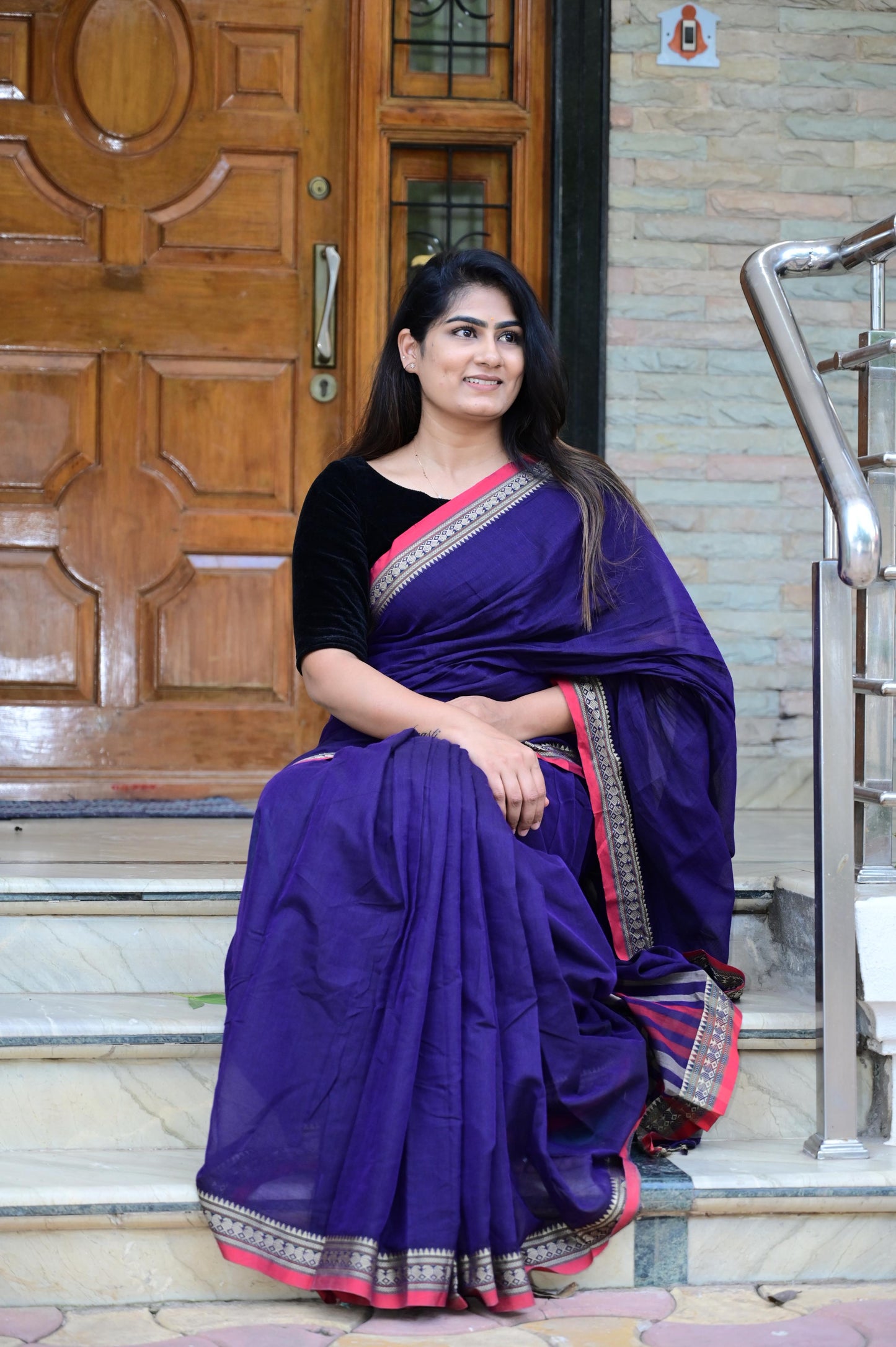 Dark Purple Viha Narayanpeth Cotton Saree | With Unstitched Blouse Piece For Women