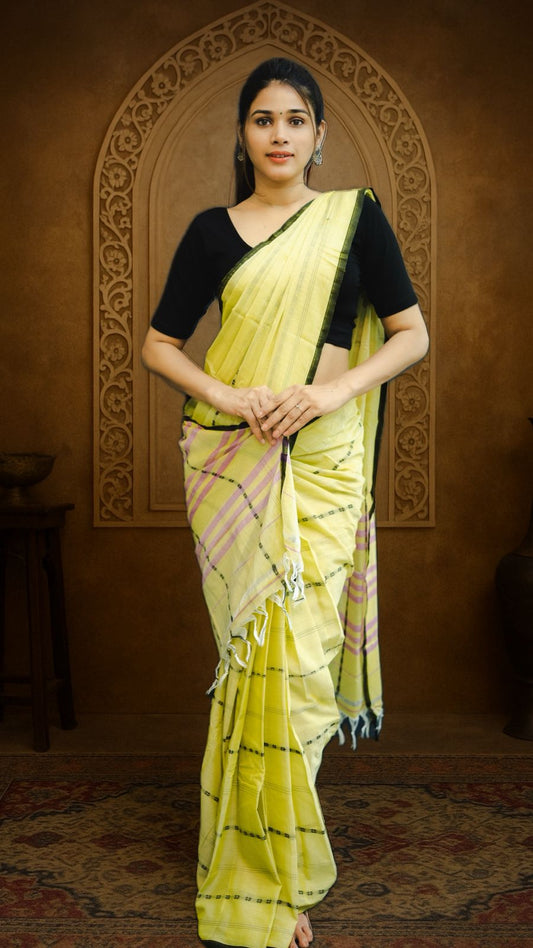 Light Yellow Rohini  Narayanpeth Cotton Saree | With Unstitched Blouse Piece For Women