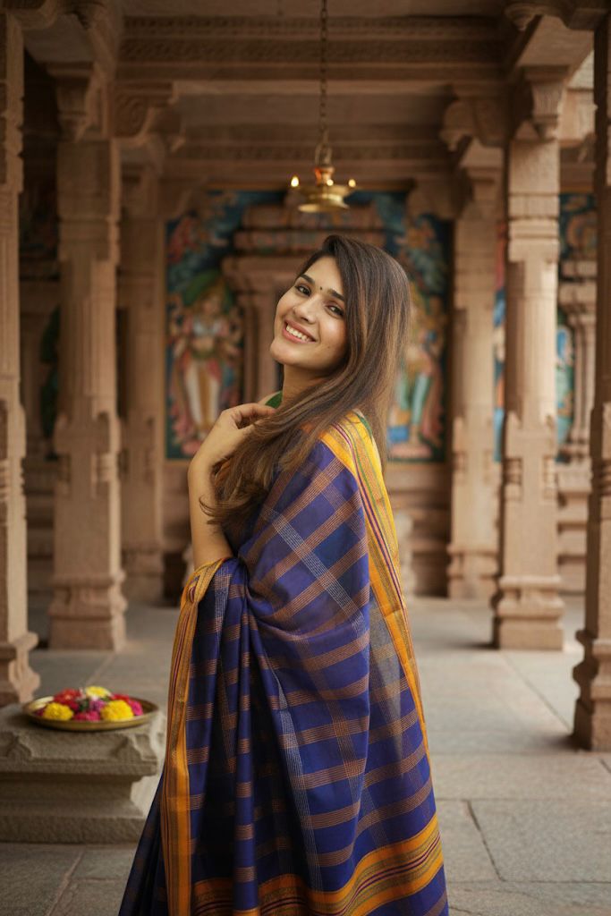 Blue Box Checks Acrylic Cotton Saree | With Unstitched Blouse Piece For Women