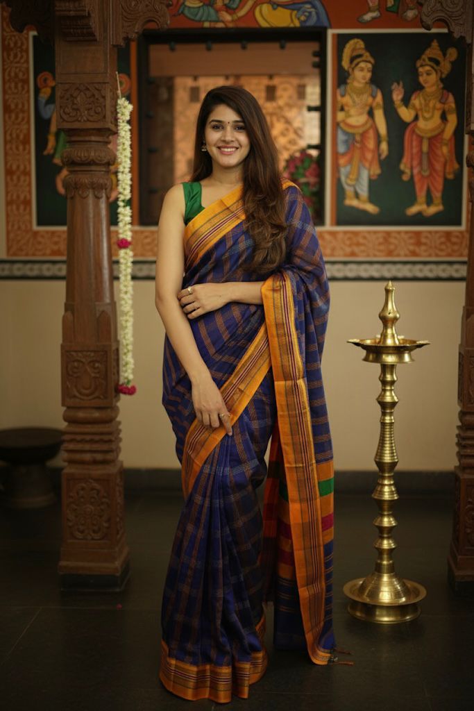 Blue Box Checks Acrylic Cotton Saree | With Unstitched Blouse Piece For Women