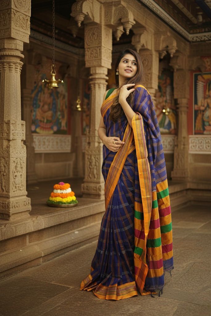 Blue Box Checks Acrylic Cotton Saree | With Unstitched Blouse Piece For Women