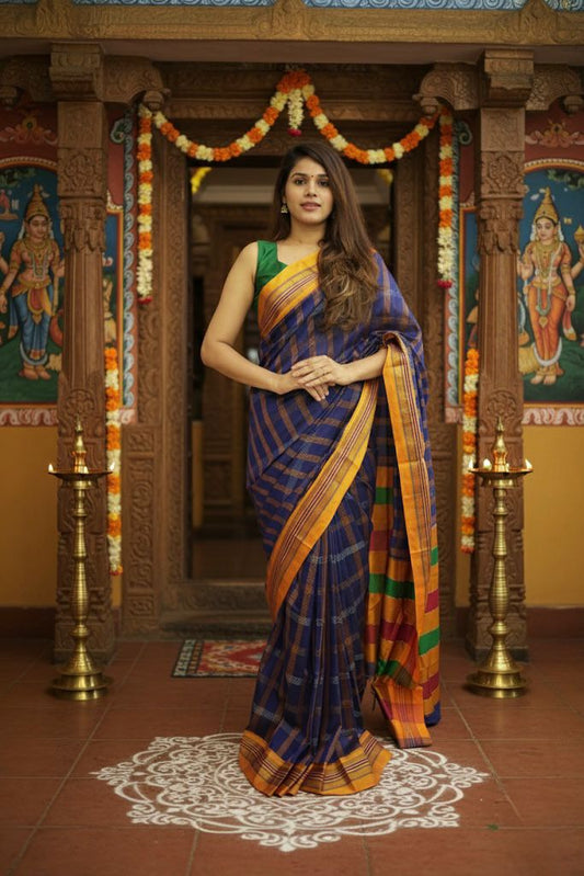 Blue Box Checks Acrylic Cotton Saree | With Unstitched Blouse Piece For Women