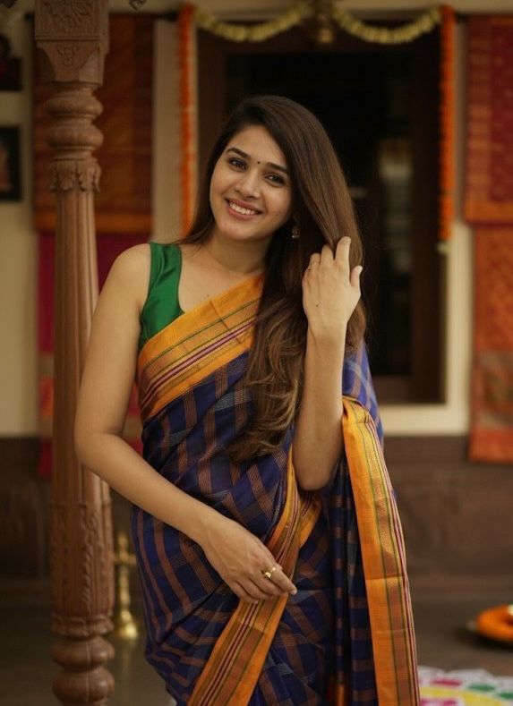 Blue Box Checks Acrylic Cotton Saree | With Unstitched Blouse Piece For Women