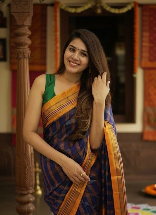Blue Box Checks Acrylic Cotton Saree | With Unstitched Blouse Piece For Women