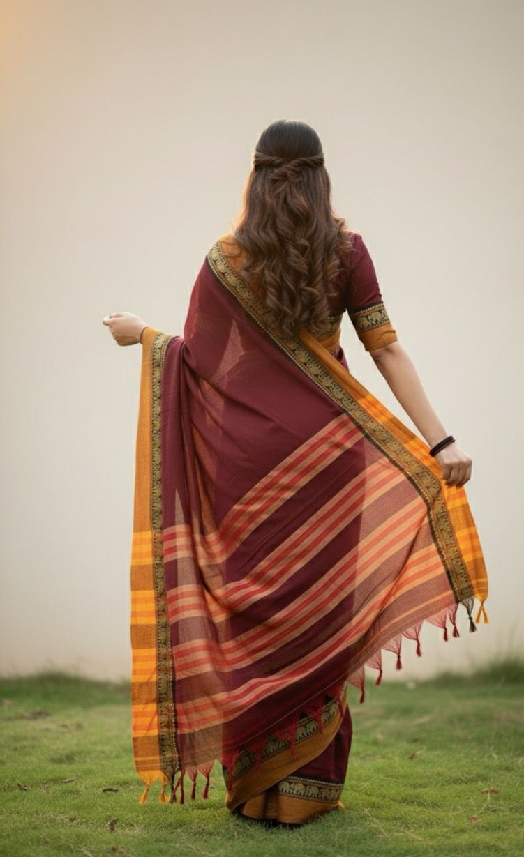 Maroon Nidhi Narayanpeth Cotton Saree | With Unstitched Blouse Piece For Women