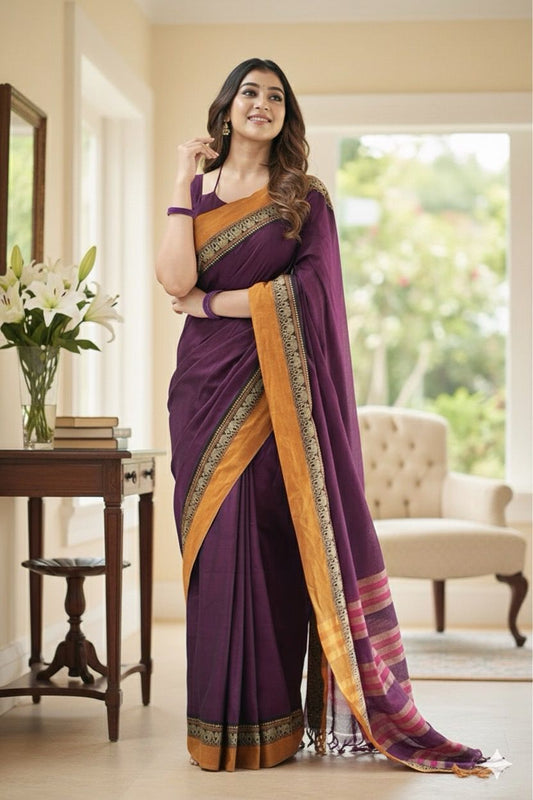 Magenta Nidhi Narayanpeth Cotton Saree | With Unstitched Blouse Piece For Women