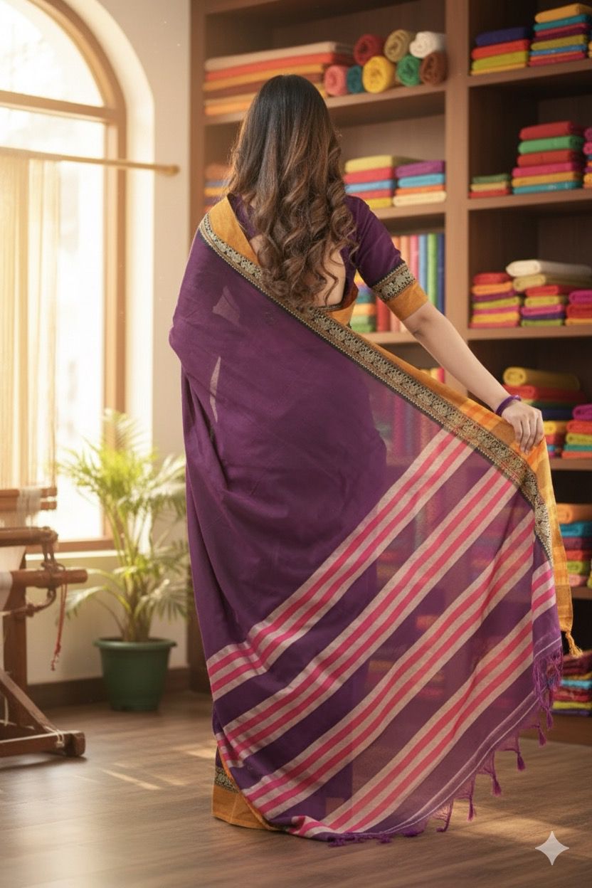 Magenta Nidhi Narayanpeth Cotton Saree | With Unstitched Blouse Piece For Women