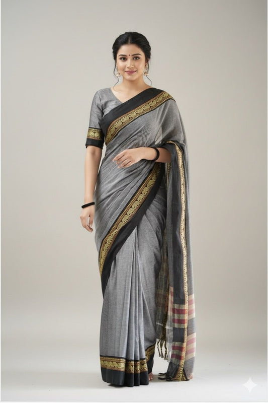 Grey Nidhi Narayanpeth Cotton Saree | With Unstitched Blouse Piece For Women