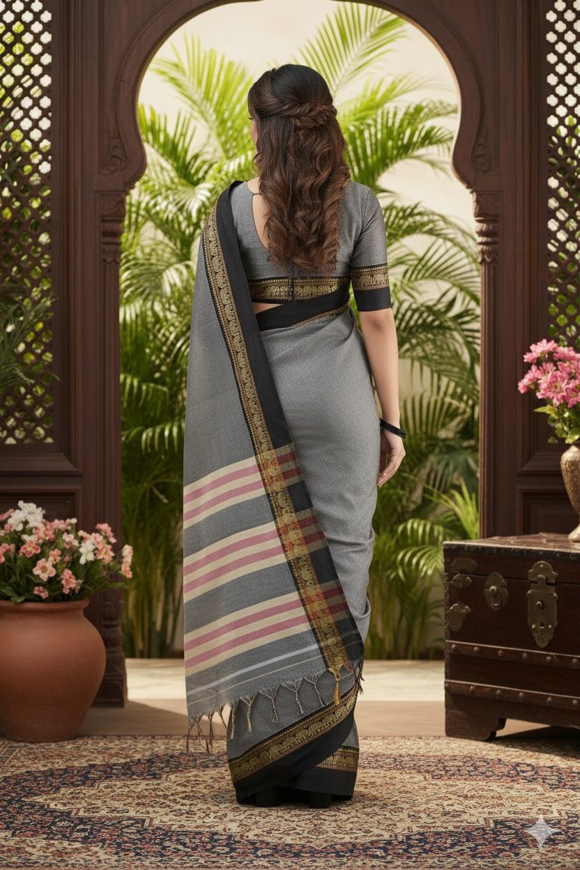 Grey Nidhi Narayanpeth Cotton Saree | With Unstitched Blouse Piece For Women