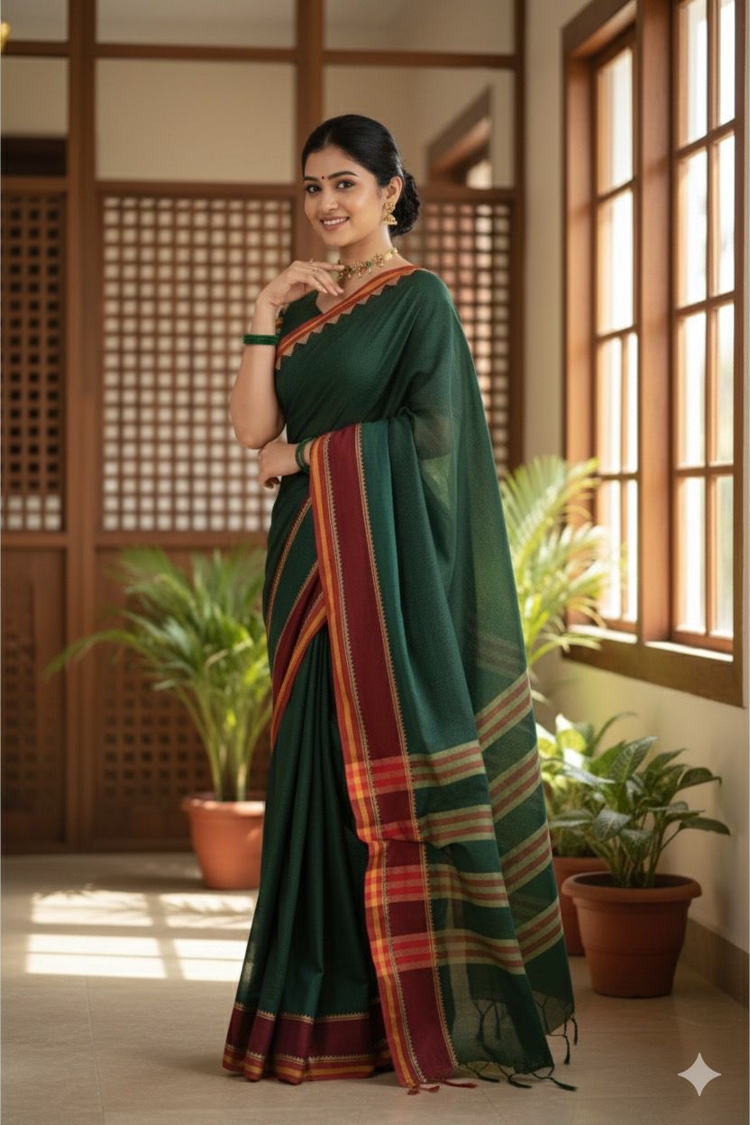 Bottle Green Divya Narayanpeth Cotton Saree | With Unstitched Blouse Piece For Women