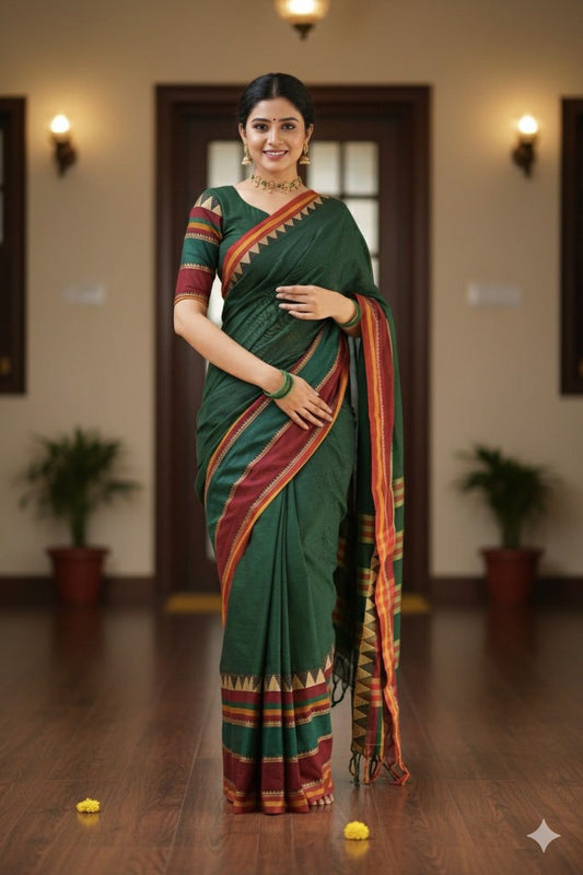 Bottle Green Divya Narayanpeth Cotton Saree | With Unstitched Blouse Piece For Women