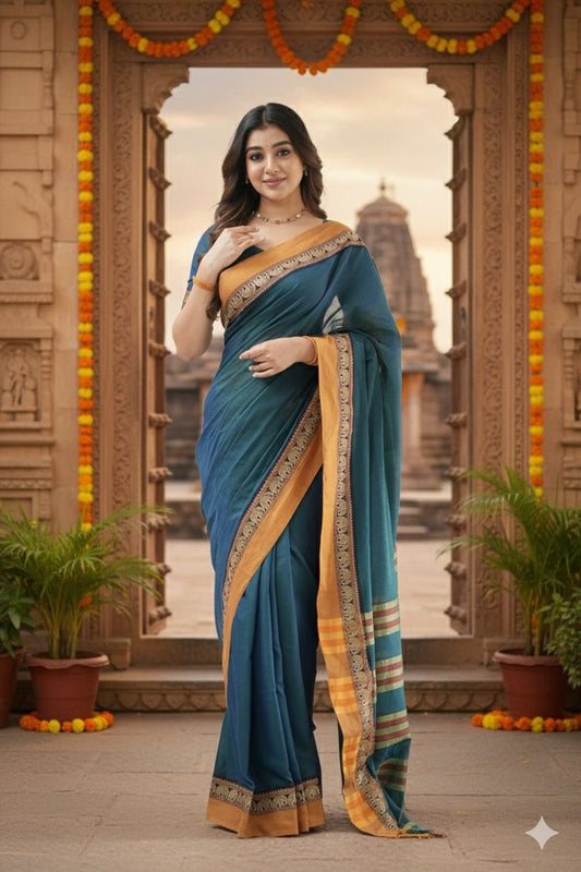 Blue Nidhi Narayanpeth Cotton Saree | With Unstitched Blouse Piece For Women