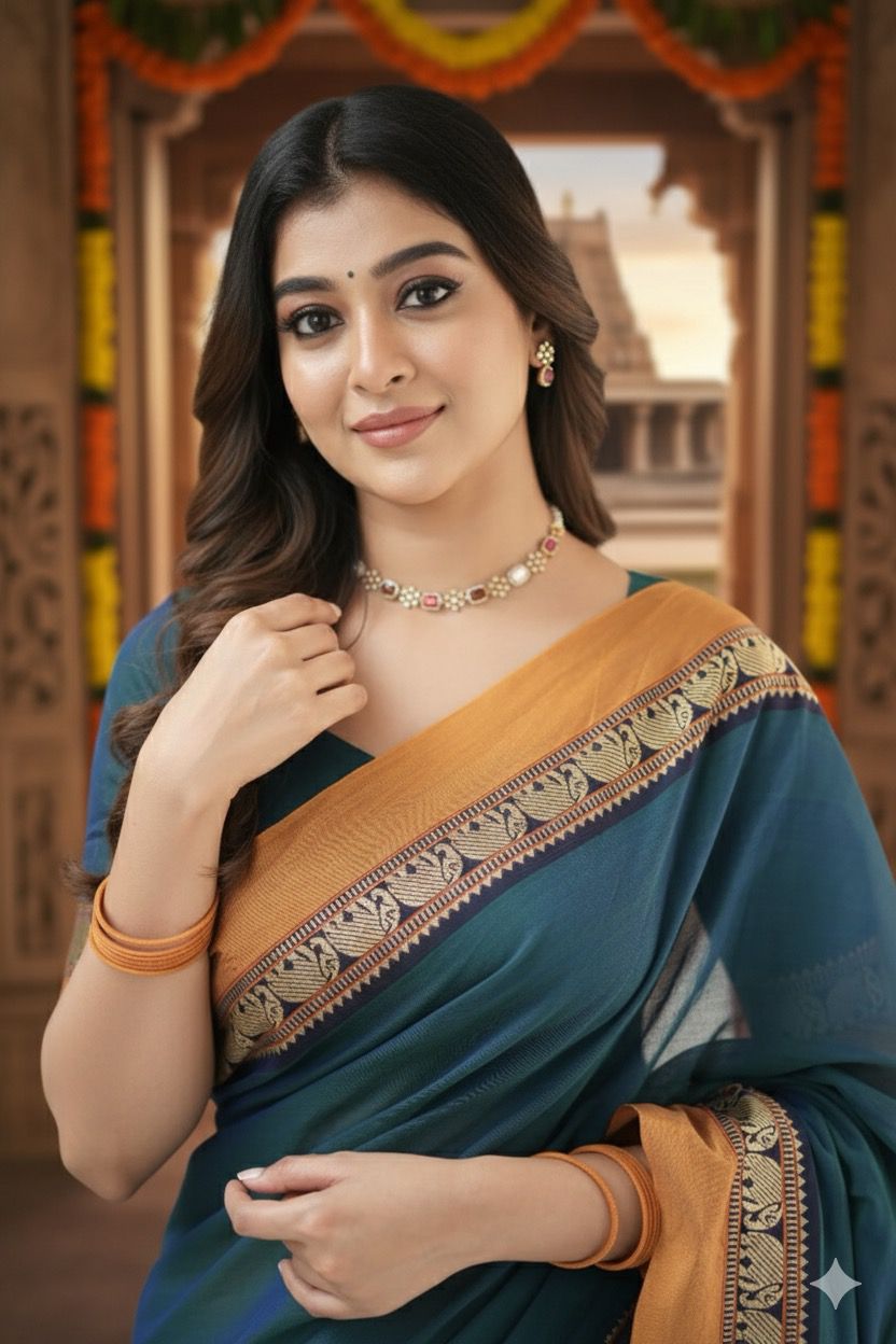 Blue Nidhi Narayanpeth Cotton Saree | With Unstitched Blouse Piece For Women